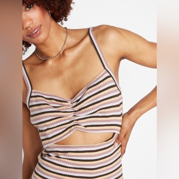 NWT VOLCOM STRIPED STONE CHECKED MIDI DRESS - ESPRESSO. Size Large - Picture 7 of 14